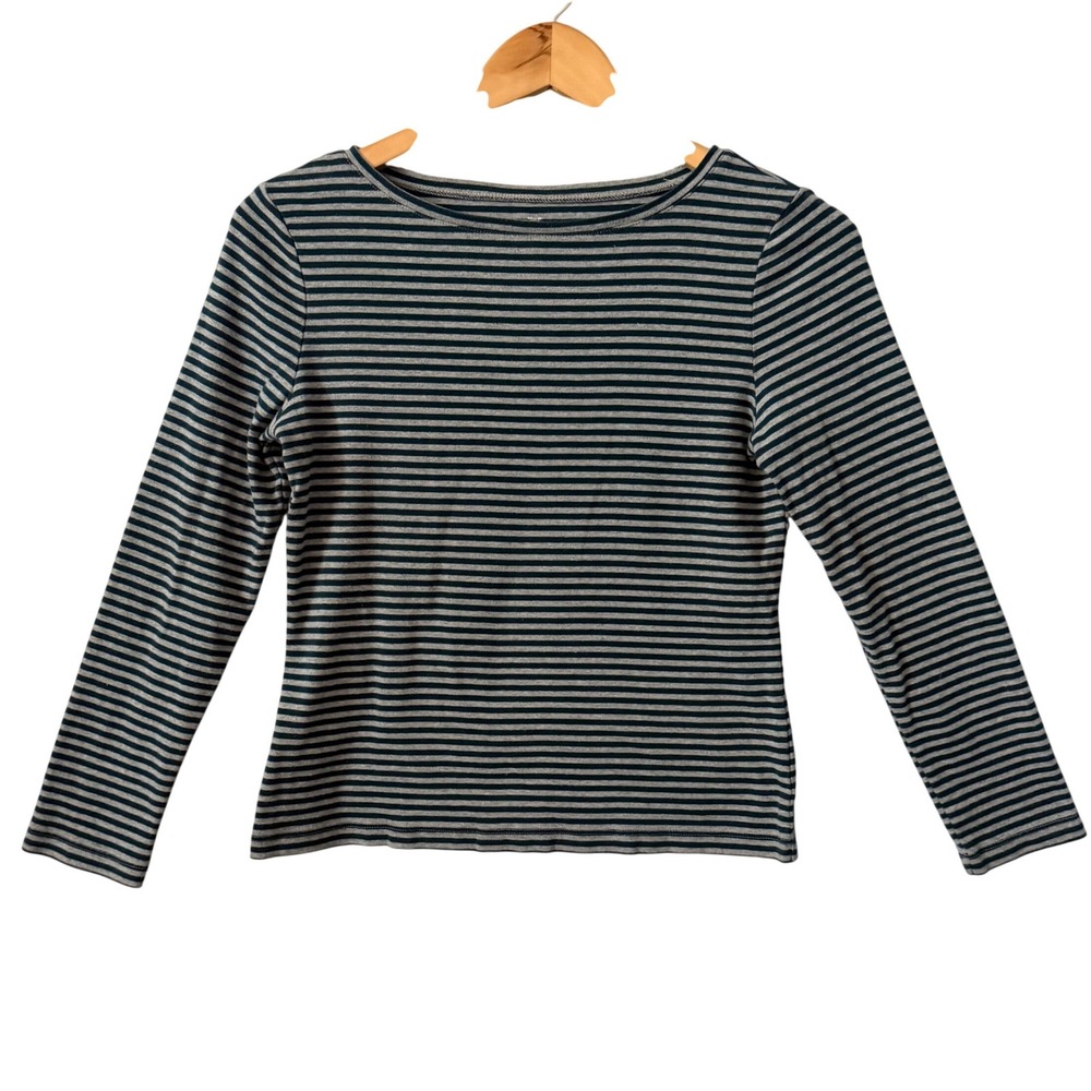Talbots Petite Medium Striped Pima Cotton Long Sleeve Top Navy Grey Coastal